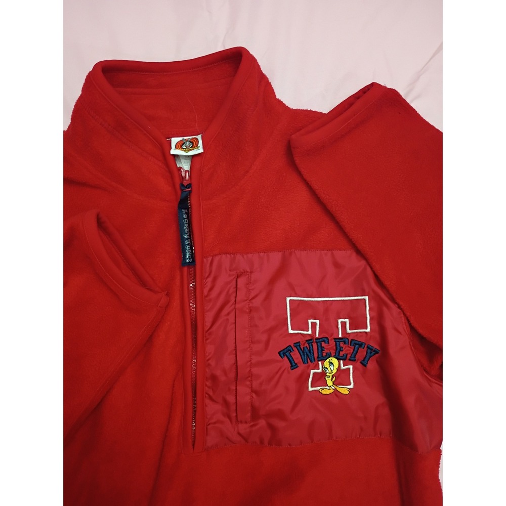 Vintage 2001 Looney Tunes Tweety Bird Red Fleece Quarter Zip Pullover Large